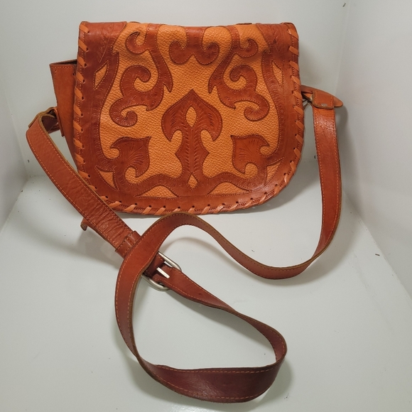 Handbags - Leaders in Leather Vintage Tooled Satchel Shoulder Bag, Crossbody